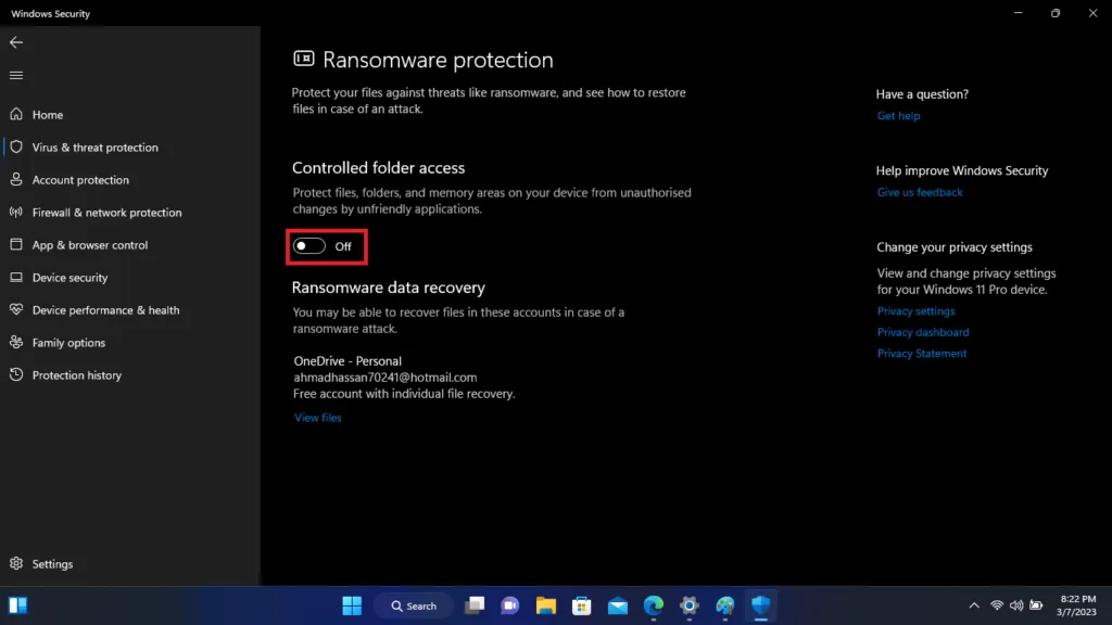 disable controlled folder access